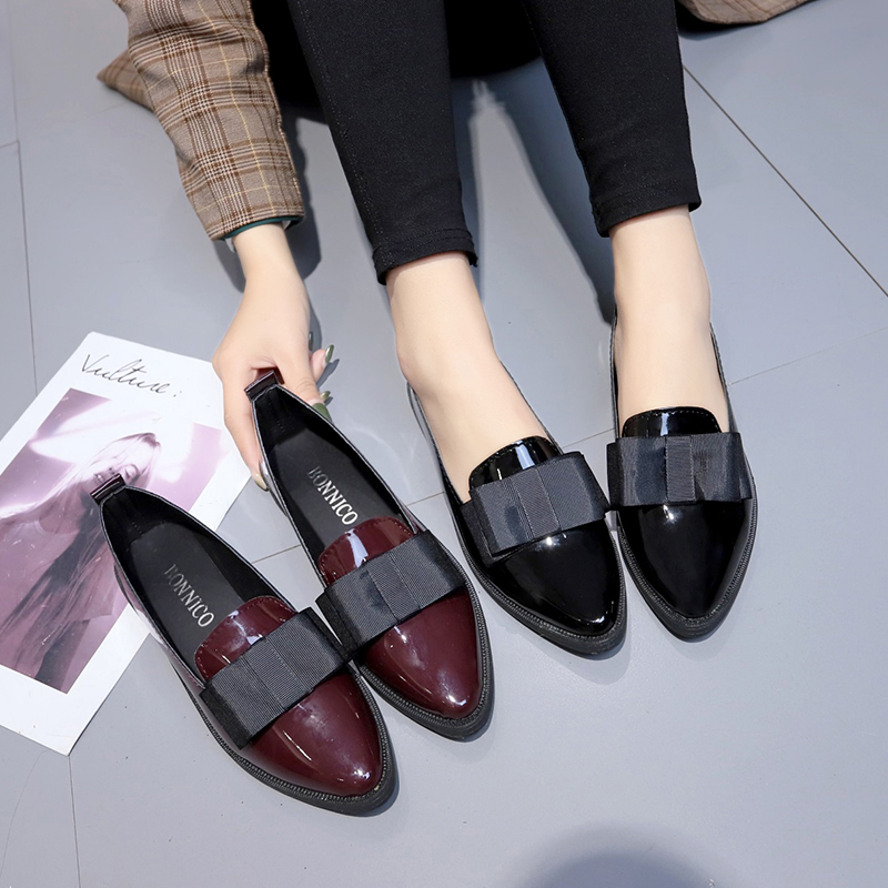 Slingback Pumps Women - ブラック/ワインレッドのパテントレザーのポインテッドトゥフラットシューズ、ボウノットスリッポンローファー、普段使いやビジネスシーンに最適な万能ドレスシューズ