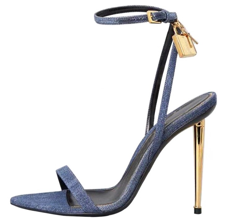 Women Shoes Jeans - 先のとがった金のロックストラップハイヒールのサンダル,女性のためのイブニングサンダル
