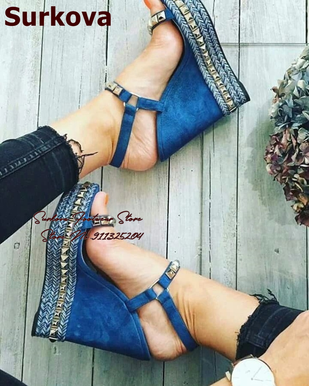 Women Shoes Jeans - サーフバ-ブルーデニムウェッジヒール,メタリックスタッズサンダル,編み込みプラットフォーム,サマーシューズ,ジーンズバックルストラップ