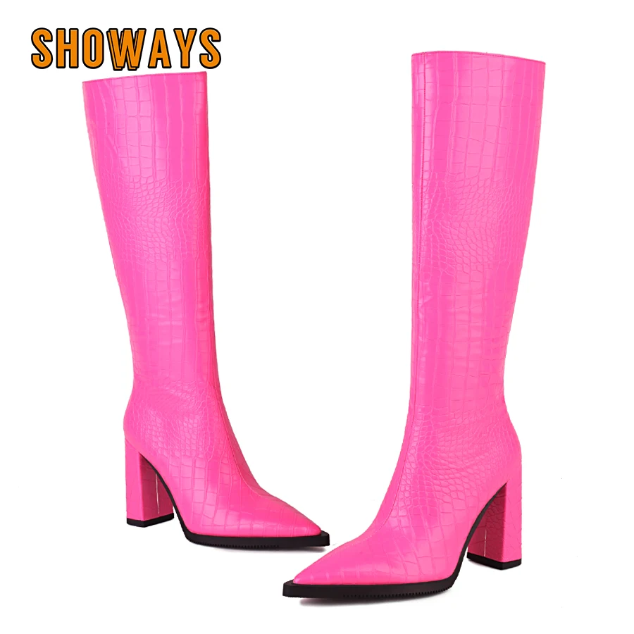 Zip Up Boots Short - 女性用合成クロコダイルレザーブーツ,膝丈,先のとがったつま先,ブロックヒール,黒,バラ色,オフィス,女性,簡潔,長い,豪華,冬,パーティー