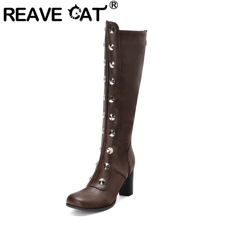 Zip Up Boots Short - REAVE CAT 女性用ニーハイブーツ ラウンドトゥ ブロックヒール ジッパー付き