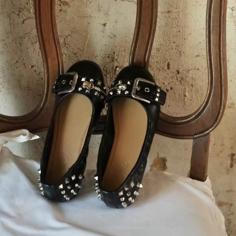 Slingback Pumps Women - ボルトラウンドヘッドシングルシューズレディースレザーバックルローカットフラットメリージェーンシューズ