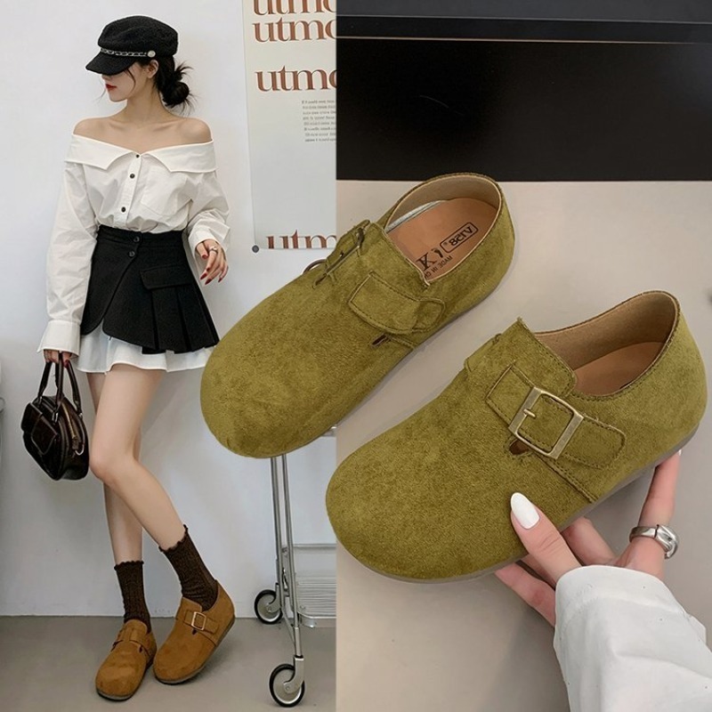 Women'S Shoes Popular - レディース スエード クローズドバック ビルケンシューズ スクエアメタルバックル ラウンドトゥ
