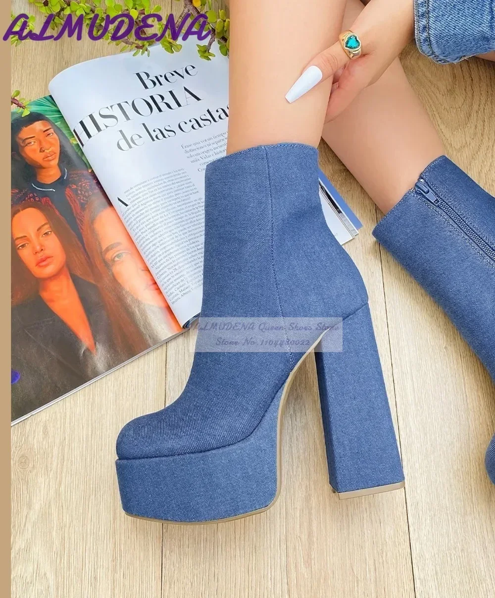 Women Shoes Jeans - アルムデナブルーデニムブロックヒールアンクルブーツ高プラットフォームジーンズジップショートブーツ不規則なチャンキーヒールドレスシューズドロップシップ