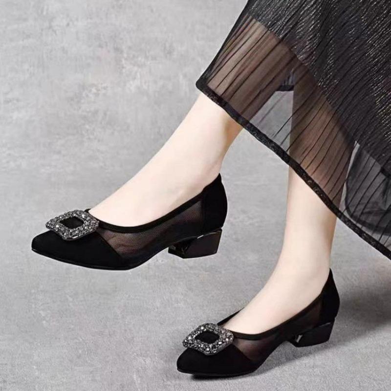 Women'S Shoes Non Slip - エレガントなポインテッドトゥメッシュブロックヒールパンプス、ラインストーンスクエアバックル装飾の浅履きシューズ、通気性のある女性用オフィスシューズ