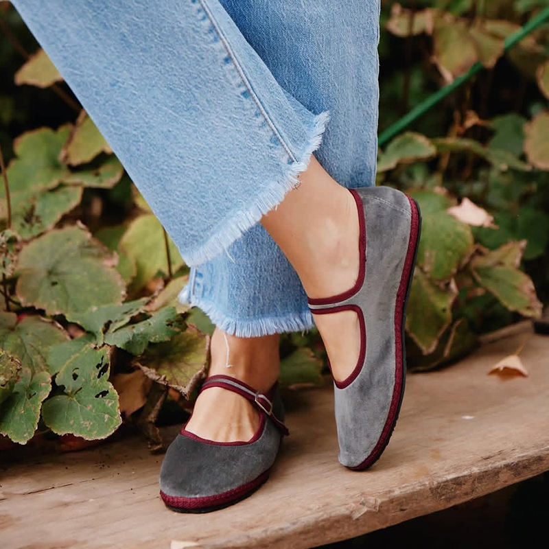 Women Shoes Jeans - グレーメリージーンズフラットシューズ レディース ラウンドトゥ 手縫いベルベットクロスシューズ レディース カジュアル