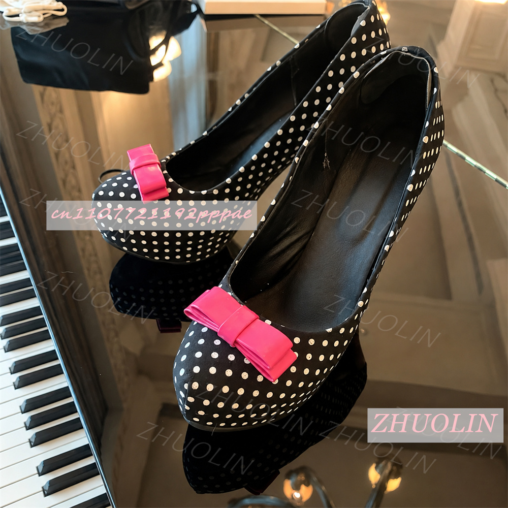 女性用白黒ポルカドットパンプス ピンクのリボン ラウンドトゥ - Women Shoes Us To Eu のレビューと価格