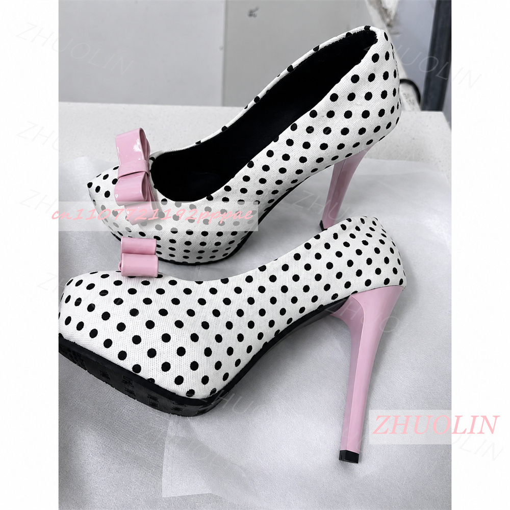 女性用白黒ポルカドットパンプス ピンクのリボン ラウンドトゥ - Women Shoes Us To Eu のレビューと価格