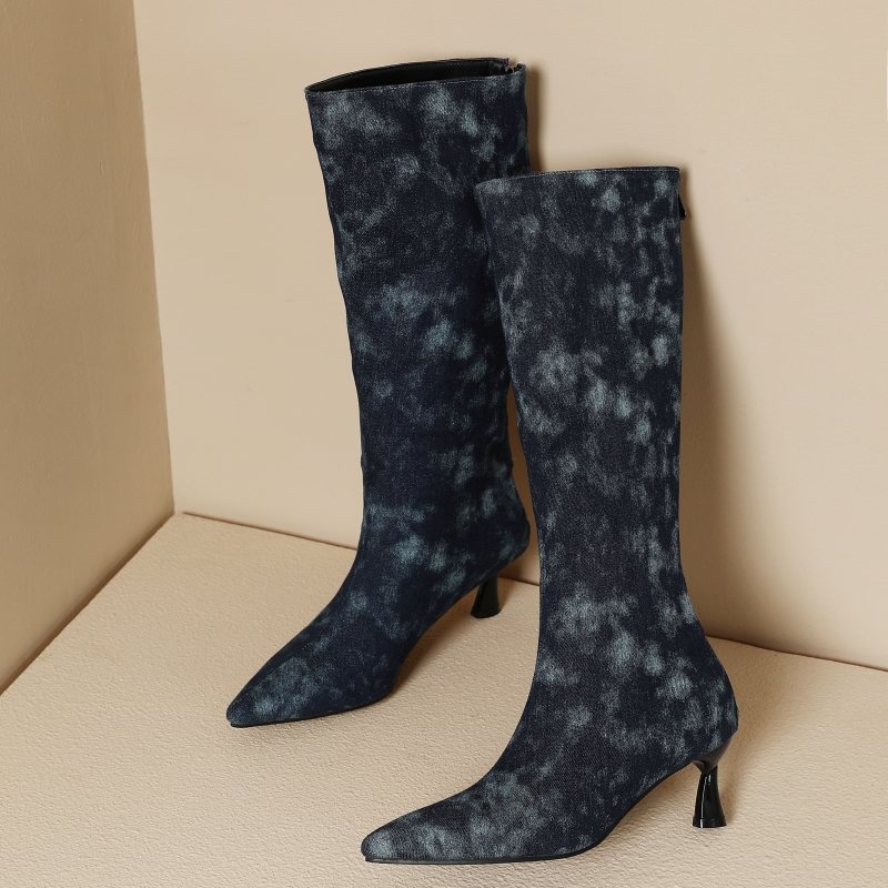ブルージーンズニーハイブーツ女性の靴春冬ポイントデニムヒール - Women Shoes Jeans のレビューと価格