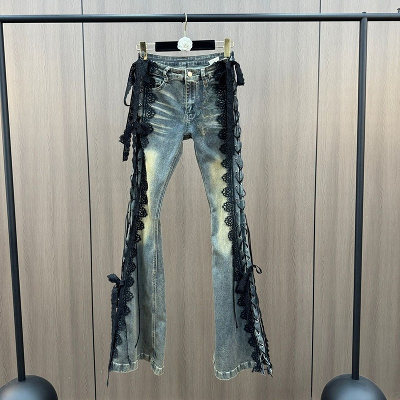 レースアップフレアジーンズレトロステッチレースひげスリムロー - Women Shoes Jeans のレビューと価格