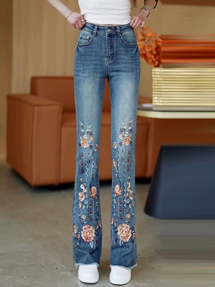 レディースヴィンテージ刺繍入り花柄フレアジーンズ 2026年 - Women Shoes Jeans のレビューと価格