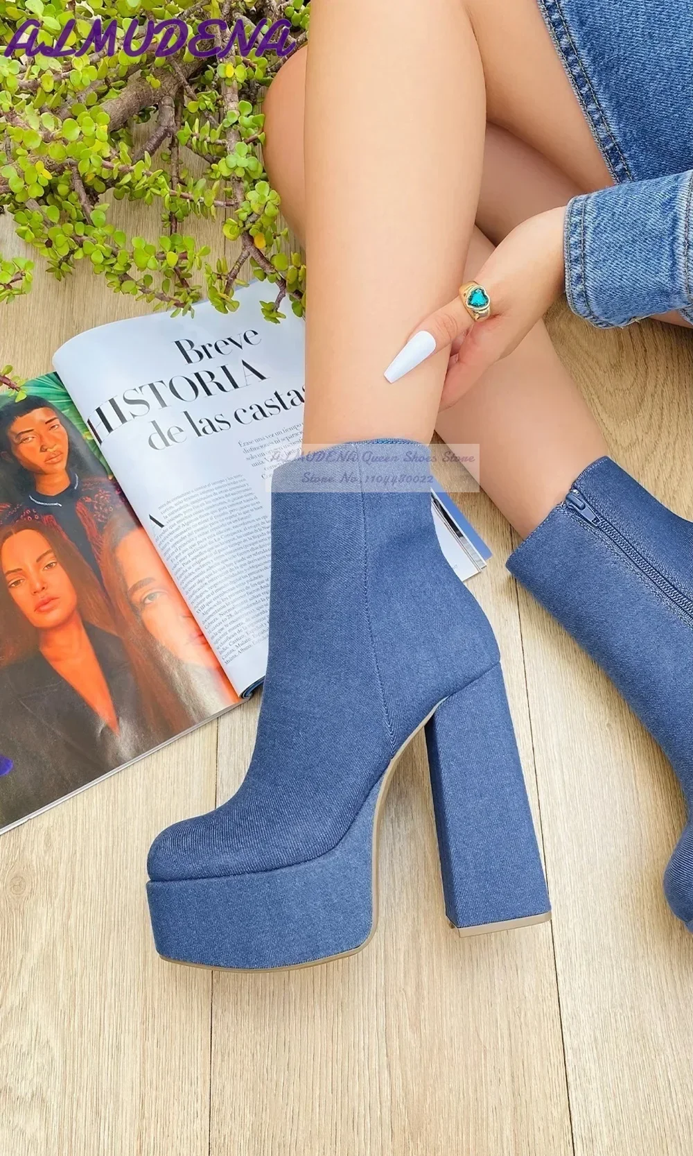 アルムデナブルーデニムブロックヒールアンクルブーツ高プラット - Women Shoes Jeans のレビューと価格