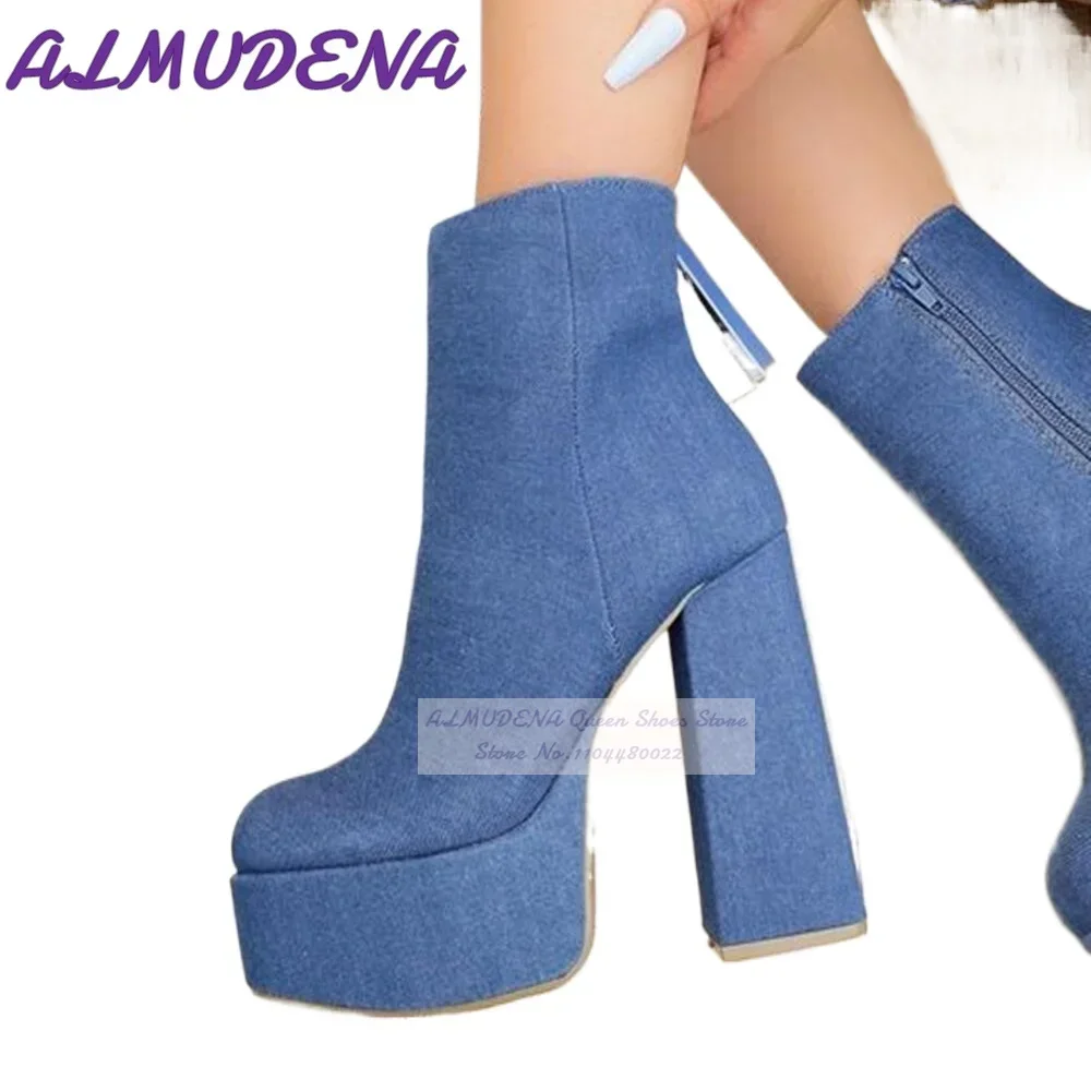 アルムデナブルーデニムブロックヒールアンクルブーツ高プラット - Women Shoes Jeans のレビューと価格