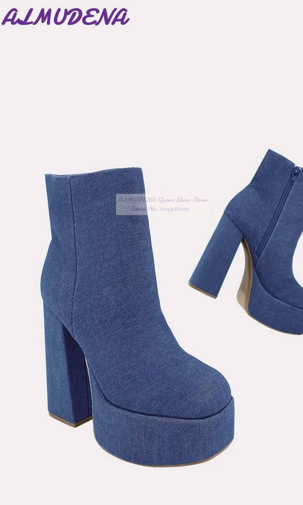 アルムデナブルーデニムブロックヒールアンクルブーツ高プラット - Women Shoes Jeans のレビューと価格