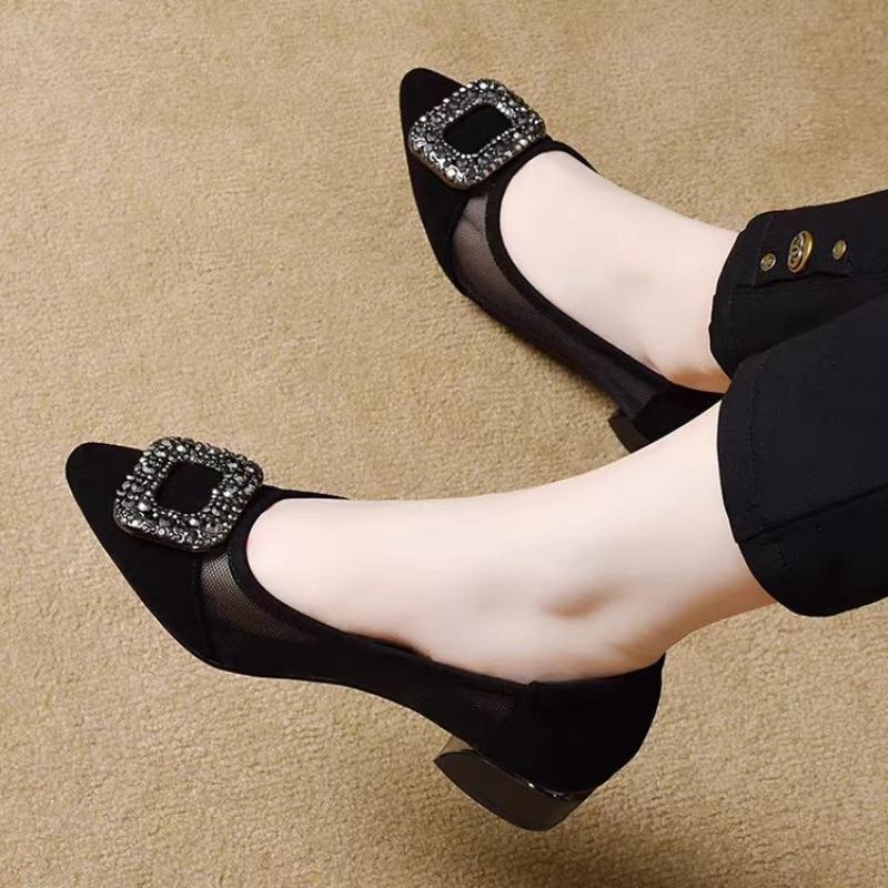 エレガントなポインテッドトゥメッシュブロックヒールパンプス、 - Women'S Shoes Non Slip のレビューと価格